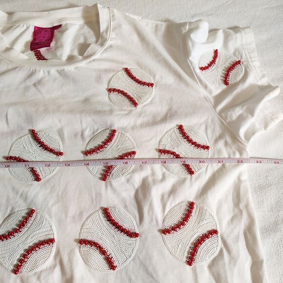 Queen of Sparkles Home Run Baseball Sequin Tee White Top Women’s Size L - Picture 8 of 9